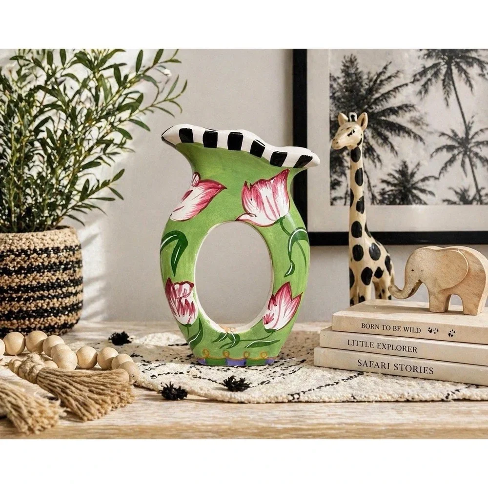 Hand Painted Ceramic Picture Photo Frame Floral Tulip‎ Green Black White Whimsy